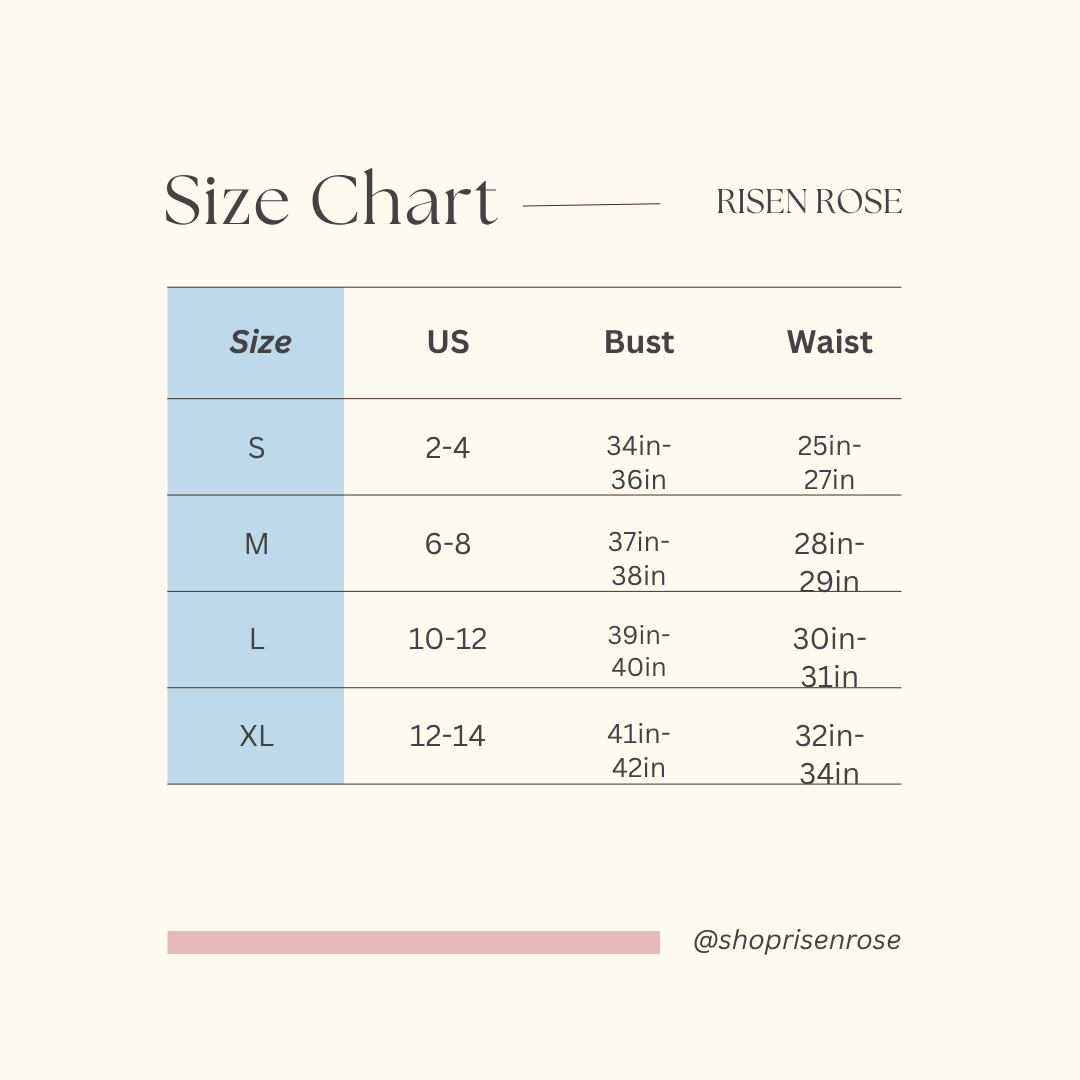 Size chart for clothing by Risen Rose on a white background