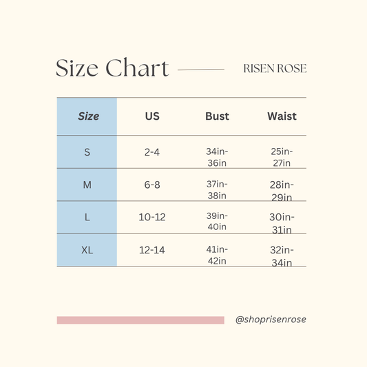 Size chart for clothing by Risen Rose on a white background