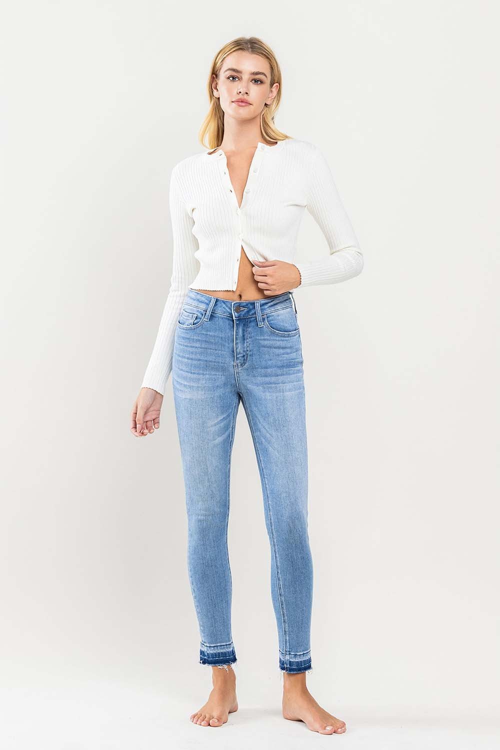 High Rise Contrast Hem Crop Skinny Jeans - Risen Rose