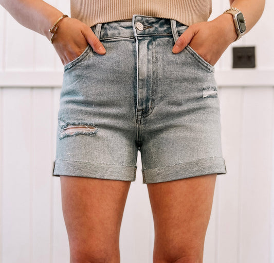 High Rise Cuffed Denim Shorts - Risen Rose