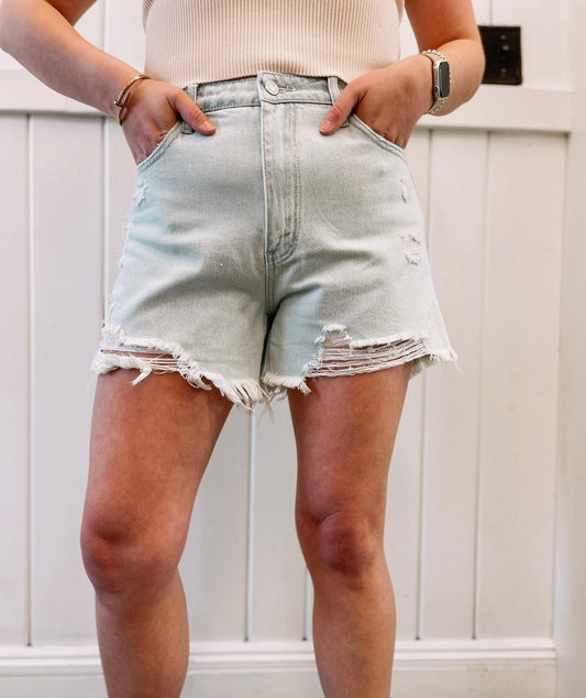 High Rise Distressed Mom Shorts - Risen Rose